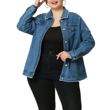 Agnes Orinda Women's Plus Size Button Down Chest Pocket Short Denim Jacket 1X Light Blue