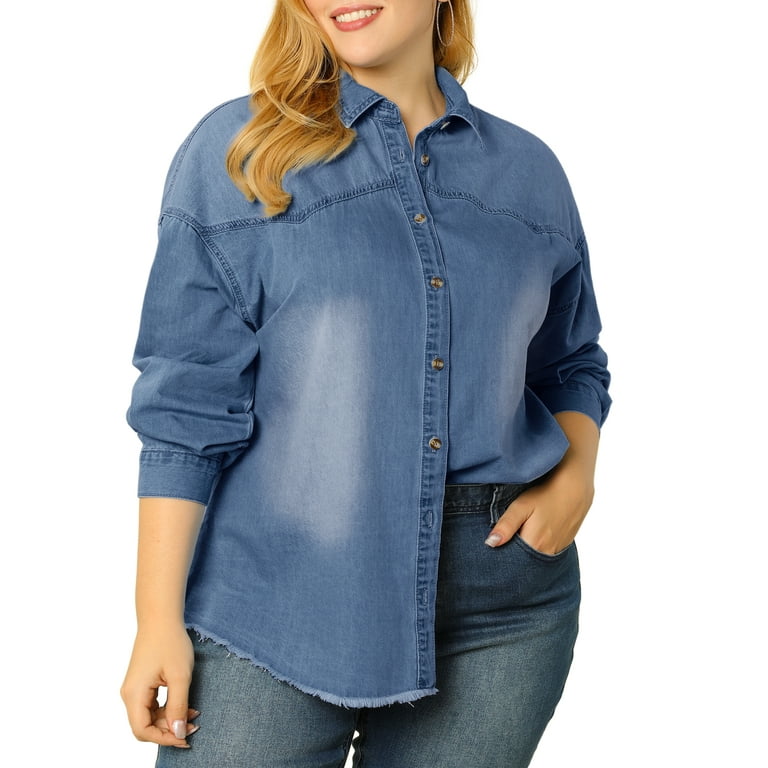 Agnes Orinda Women's Plus Size Button Down Long Sleeve Denim - Main Image