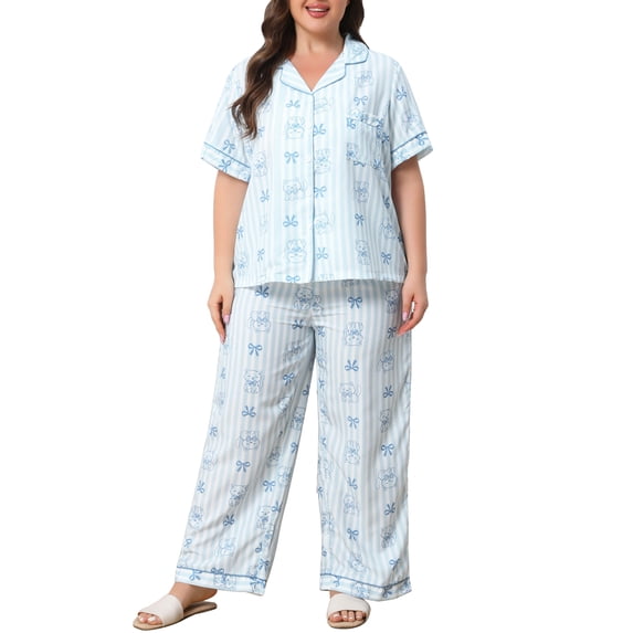 Agnes Orinda Women's Plus Size Button Down Pajama Set Cute Bow Striped Print Short Sleeve Top and Long Pants Sleepwear Soft 2 Piece Nightwear 3X Blue