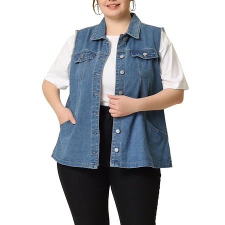 Agnes Orinda Women's Plus Size Button Down Raw Sleeveless Denim Jackets
