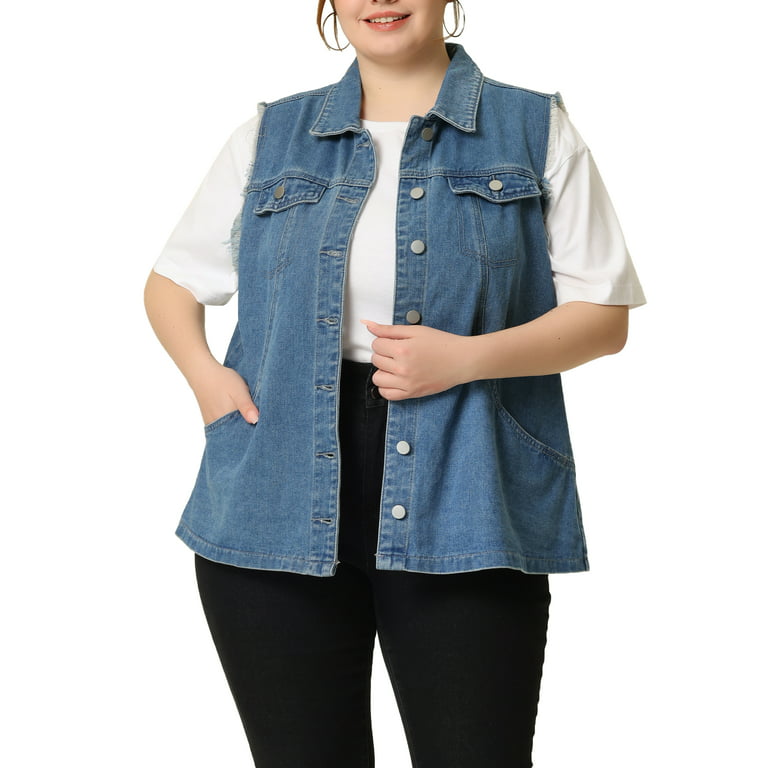 Agnes Orinda Women's Plus Size Trucker Zipper Front Sleeveless Denim Vest  Jacket 