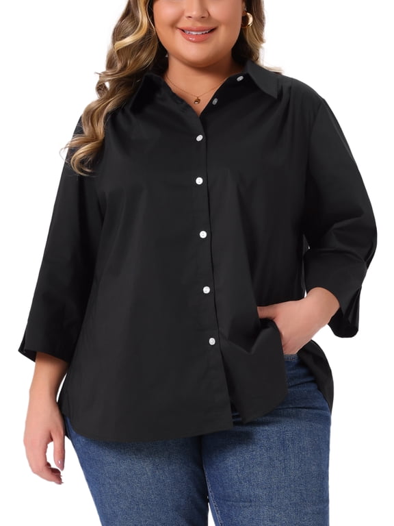Women's Plus Size School College Button Down Shirts Collared Pleated 3/4 Sleeve Blouses Solid Business Shirt 2X Black