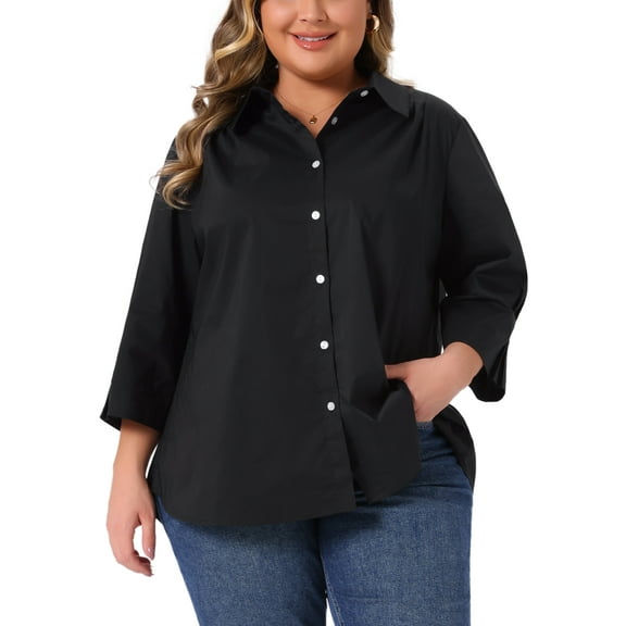Agnes Orinda Women's Plus Size Button Down Shirts Collared Pleated 3/4 Sleeve Blouses Solid Business Shirt 4X Black