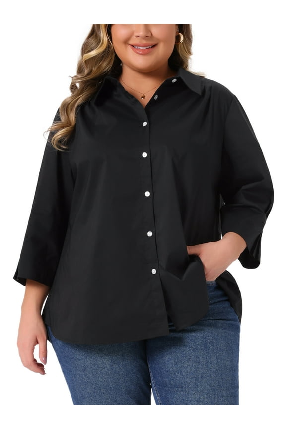 Women's Plus Size Button Down Shirts Collared Pleated 3/4 Sleeve Blouses Solid Business Shirt 4X Black