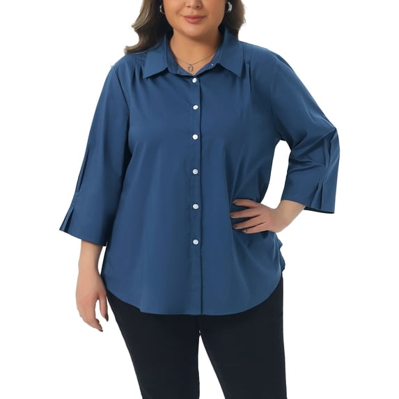 Agnes Orinda Women's Plus Size Button Down Shirts Collared Pleated 3/4 Sleeve Blouses Solid Business Shirt 4X Dark Blue