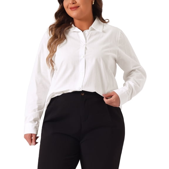 Agnes Orinda Women's Plus Size Button Down Shirts Cotton Stand Collar Long Sleeve Formal Solid Work Shirt Blouses Tops 2X White