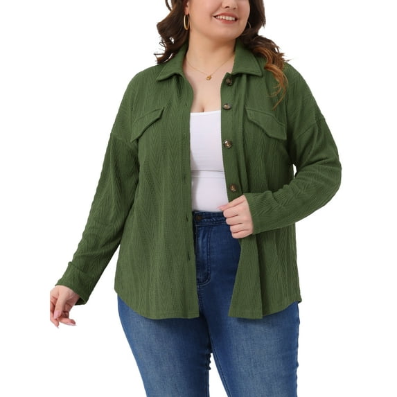 Agnes Orinda Women's Plus Size St. Patrick's Day Button Down Shirts Textured Lapel Long Sleeve Jackets Casual Tops with Pocket Decor 1X Army Green