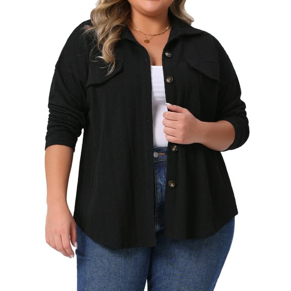 Agnes Orinda Women's Plus Size Button Down Shirts Textured Lapel Long Sleeve Jackets Casual Tops with Pocket Decor 1X Black