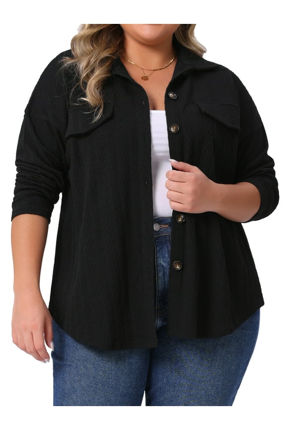 Women's Plus Size Button Down Shirts Textured Lapel Long Sleeve Jackets Casual Tops with Pocket Decor 3X Black