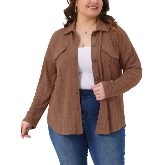 Agnes Orinda Women's Plus Size Halloween Outfits Button Down Shirts Textured Lapel Long Sleeve Jackets Casual Tops with Pocket Decor 4X Brown