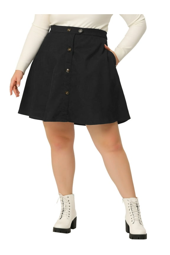 Women's Plus Size Button Front Elastic Waist A Line Corduroy Skirt