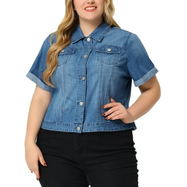 Agnes Orinda Women's Plus Size Button Front Work Crop Short Sleeves Denim Jacket 1X Sky Blue