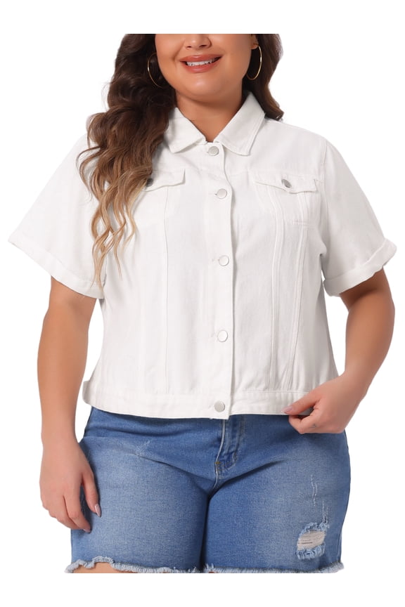 Women's Plus Size Button Front Work Crop Short Sleeves Denim Jacket 1X White