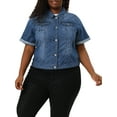 thumbnail image 1 of Agnes Orinda Women's Plus Size Button Front Work Crop Short Sleeves Denim Jacket 2X Blue, 1 of 7
