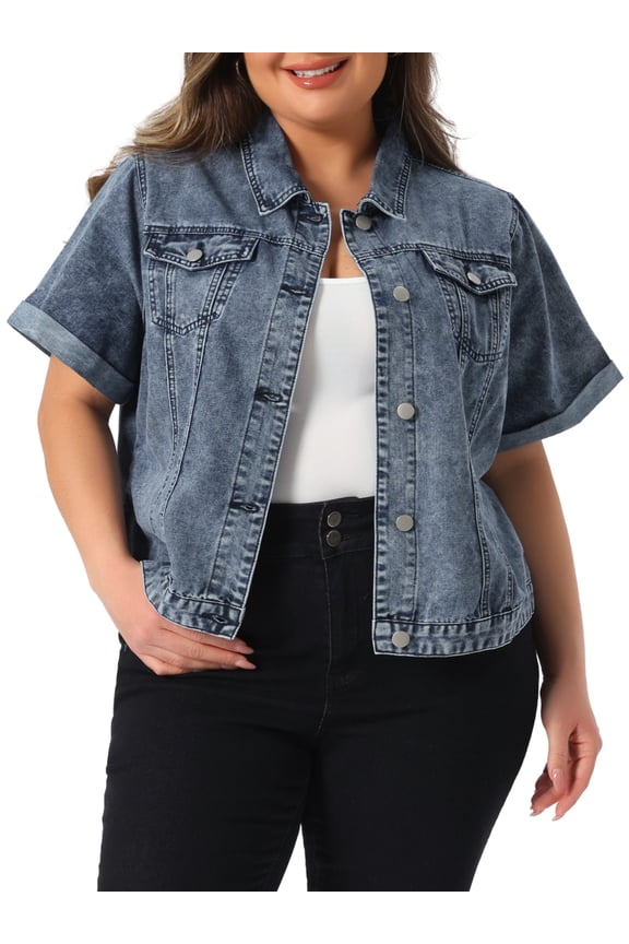 Women's Plus Size Button Front Work Crop Short Sleeves Denim Jacket 2X Grey Blue