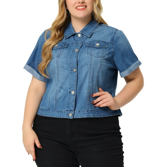 Agnes Orinda Women's Plus Size Button Front Work Crop Short Sleeves Denim Jacket 2X Sky Blue
