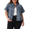 thumbnail image 1 of Agnes Orinda Women's Plus Size Button Front Work Crop Short Sleeves Denim Jacket 3X Grey Blue, 1 of 6