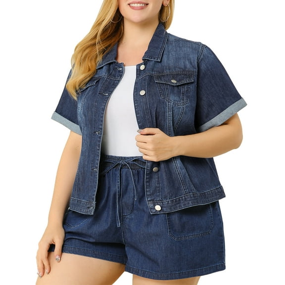 Agnes Orinda Women's Plus Size Button Front Work Crop Short Sleeves Denim Jacket 3X Navy Blue