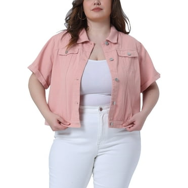 Agnes Orinda Women's Plus Size Button Front Work Crop Short Sleeves Denim Jacket 3X Pink