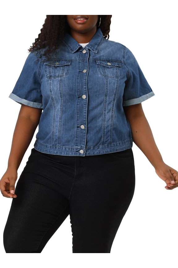 Women's Plus Size Button Front Work Crop Short Sleeves Denim Jacket L Blue