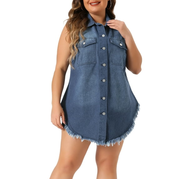 Agnes Orinda Women's Plus Size Button Up Frayed Hem Shacket Sleeveless Pockets Denim Jean Jacket Vest
