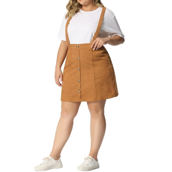 Agnes Orinda Women's Plus Size Button Zip A-Line Corduroy Mini Suspender Skirt 1X Brown
