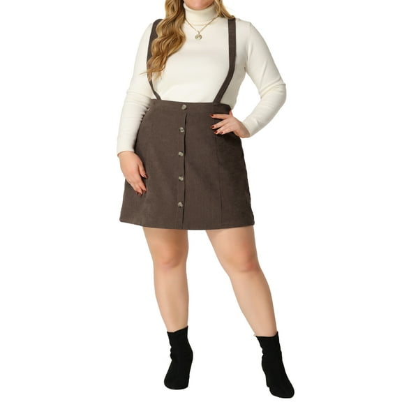 Agnes Orinda Women's Plus Size Button Zip A-Line Corduroy Mini Suspender Skirt 4X Dark Khaki