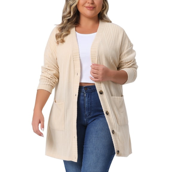 Agnes Orinda Women's Plus Size Button up Cardigan V Neck Long Sleeve Pocket Ribbed Knit Loose Casual Sweater 2X Apricot