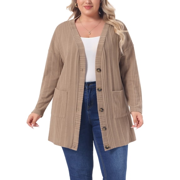 Agnes Orinda Women's Plus Size Button up Cardigan V Neck Long Sleeve Pocket Ribbed Knit Loose Casual Sweater 2X Khaki