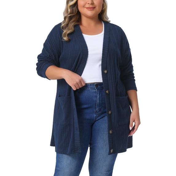 Agnes Orinda Women's Plus Size Button up Cardigan V Neck Long Sleeve Pocket Ribbed Knit Loose Casual Sweater 3X Navy Blue