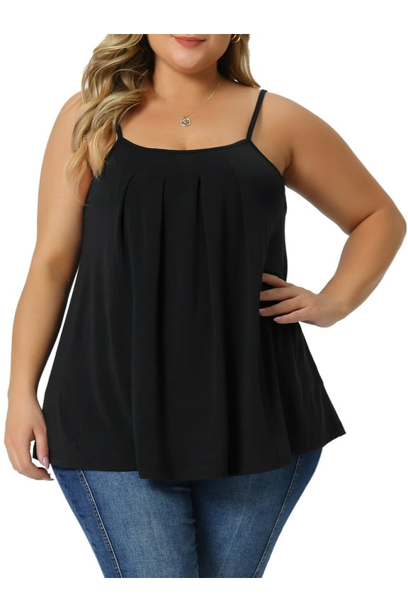 Women' s Plus Size Cami Adjustable Strap Elegant Basic Pleated Camisole Sleeveless Tank Tops 1X Black