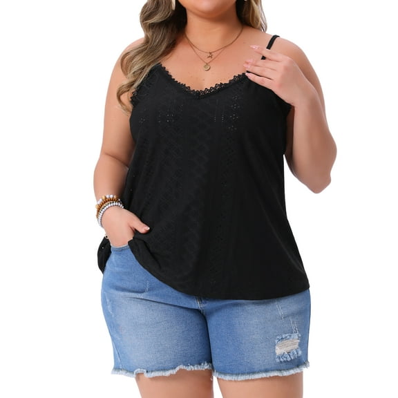 FAB CURVES Women's Plus Size Cami Eyelet Hollow Jersey V Neck Sleeveless Spaghetti Straps Summer Casual Camisole Tops 3X Black