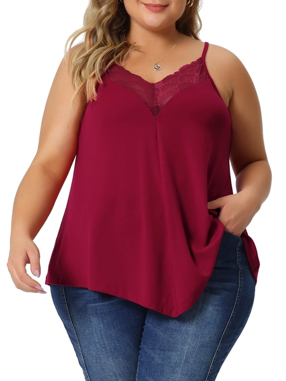 Plus Size Halloween Outfits Cami Tank for Women V-Neck Lace Front Camisole Spaghetti Strap Sleeveless Top 3X Burgundy