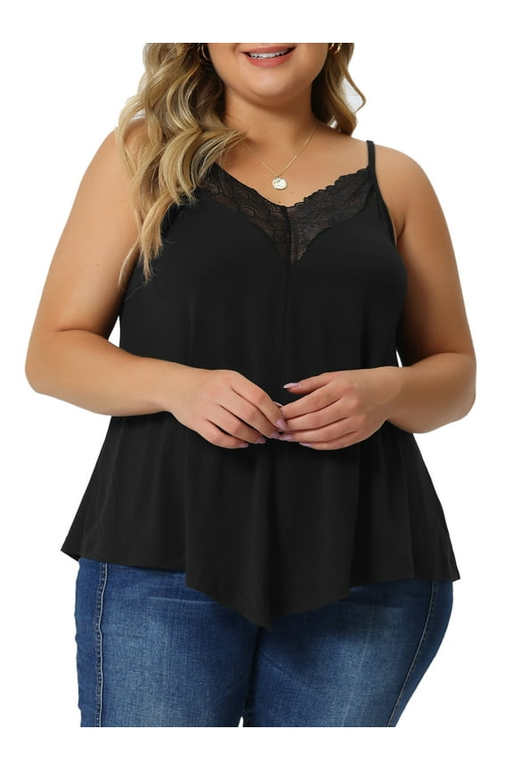 Plus Size Cami Tank for Women V-Neck Lace Front Camisole Spaghetti Strap Sleeveless Top 4X Black