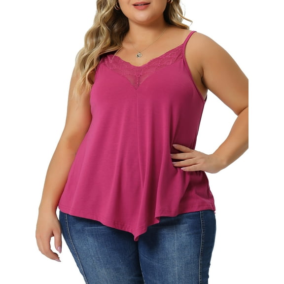 Plus Size Cami Tank for Women V-Neck Lace Front Camisole Spaghetti Strap Sleeveless Top 4X Fuchsia