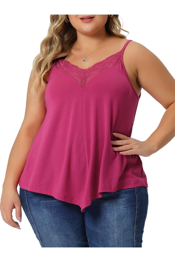 Plus Size Cami Tank for Women V-Neck Lace Front Camisole Spaghetti Strap Sleeveless Top 4X Fuchsia