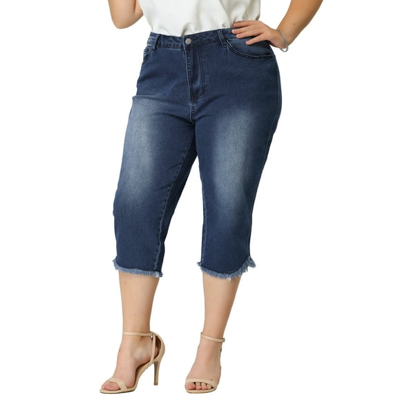 Agnes Orinda Women's Plus Size Capri Jeans Frayed Hem Summer Denim Jean 3X Blue