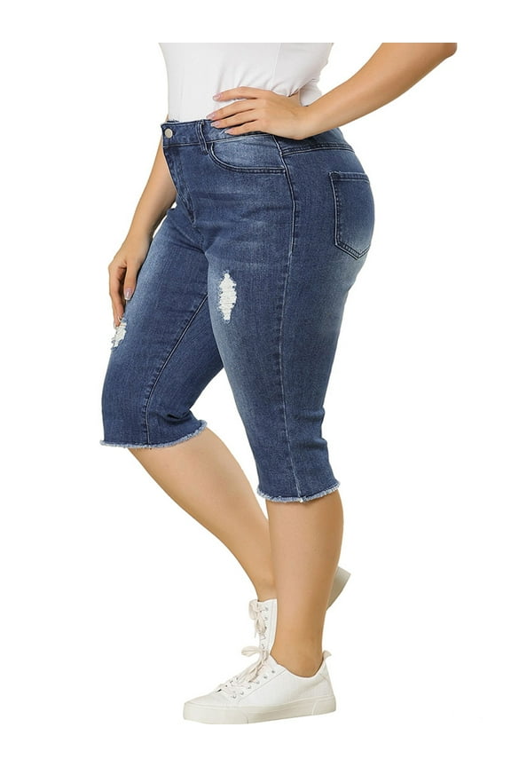 Women's Plus Size Capri Jeans Ripped Slash Pocket Denim Leggings 2X Blue