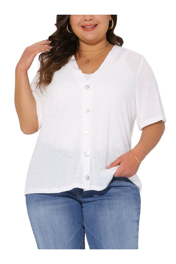 Plus Size Cardigan for Women Button Down Sheer Round Neck Short Sleeve Knitted Sweater 4X White