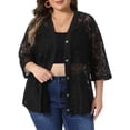 thumbnail image 1 of Agnes Orinda Women's Plus Size Cardigan Crochet Hollow Out Button Front V Neck 3/4 Sleeve Cover Up Casual Knit Cardigans 1X Black, 1 of 6