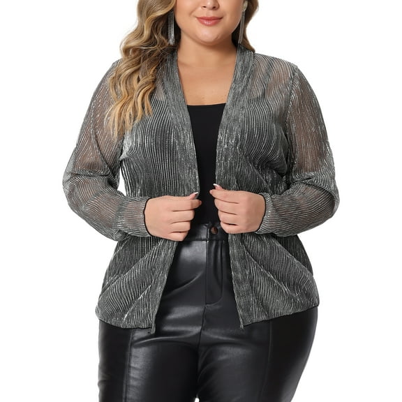 Agnes Orinda Women's Plus Size Cardigan Open Front Metallic Sheer Shrug Long Sleeve Lightweight Cardigans 2X Silver