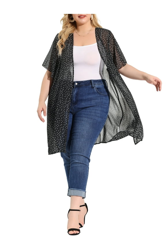 Women's Plus Size Cardigan Polka Dots Bell Sleeve Chiffon Summer Causal Cardigans Black 3X