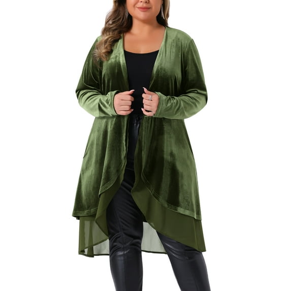 Agnes Orinda Women's Plus Size Cardigan Ruffled Asymmetric Open Front Long Velvet Jackets 1X Army Green
