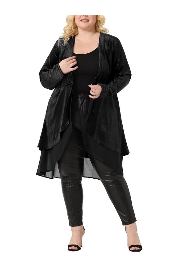 Women's Plus Size Cardigan Ruffled Asymmetric Open Front Long Velvet Jackets 2X Black