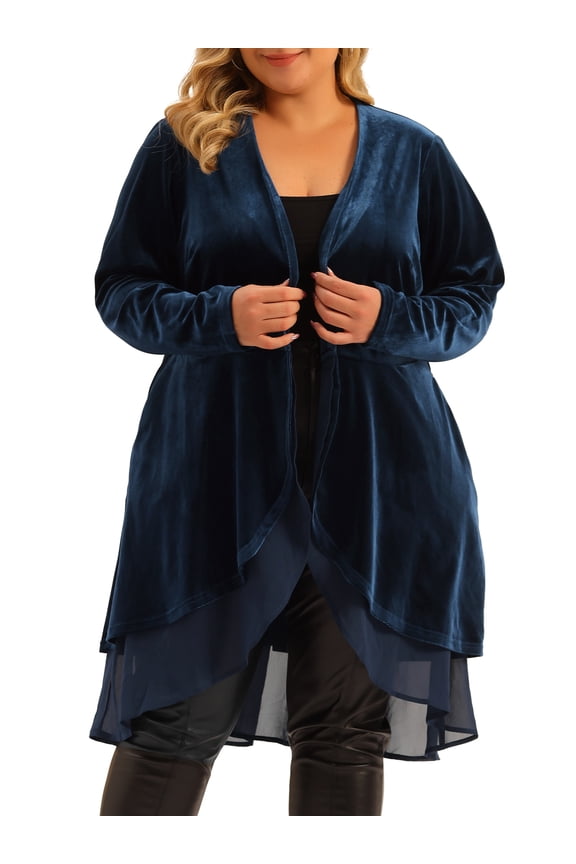 Women's Plus Size Cardigan Ruffled Asymmetric Open Front Long Velvet Jackets 2X Dark Blue