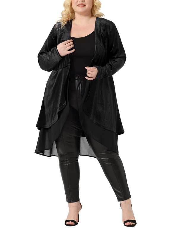 Women's Plus Size Halloween Outfits Cardigan Ruffled Asymmetric Open Front Long Velvet Jackets 3X Black