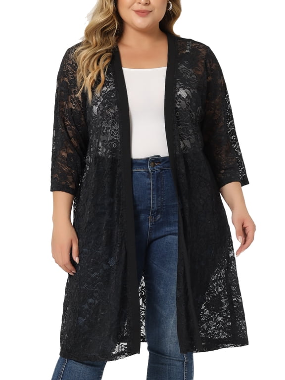 Women's Plus Size Floral Lace Cardigan Lightweight 3/4 Sleeves Open Front Outerwear 1X Dark Black