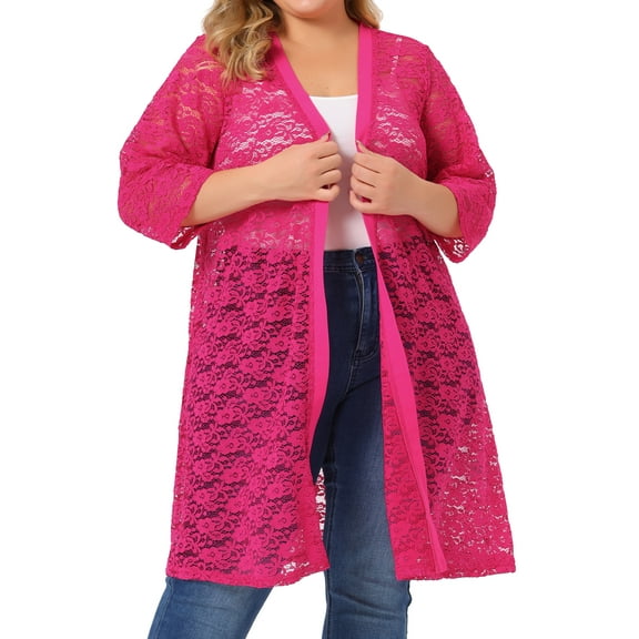 Agnes Orinda Women's Plus Size Valentines Day Cardigans Lace Lightweight Knit 3/4 Sleeves Cover Up Cardigans Hot Pink 1X