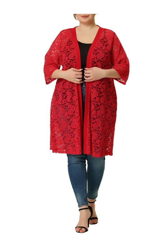 Women's Plus Size Valentines Day Cardigans Lace Lightweight Knit 3/4 Sleeves Cover Up Cardigans 1X Red
