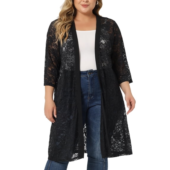 Agnes Orinda Women's Plus Size Valentines Day Cardigans Lace Lightweight Knit 3/4 Sleeves Cover Up Cardigans 2X Dark Black